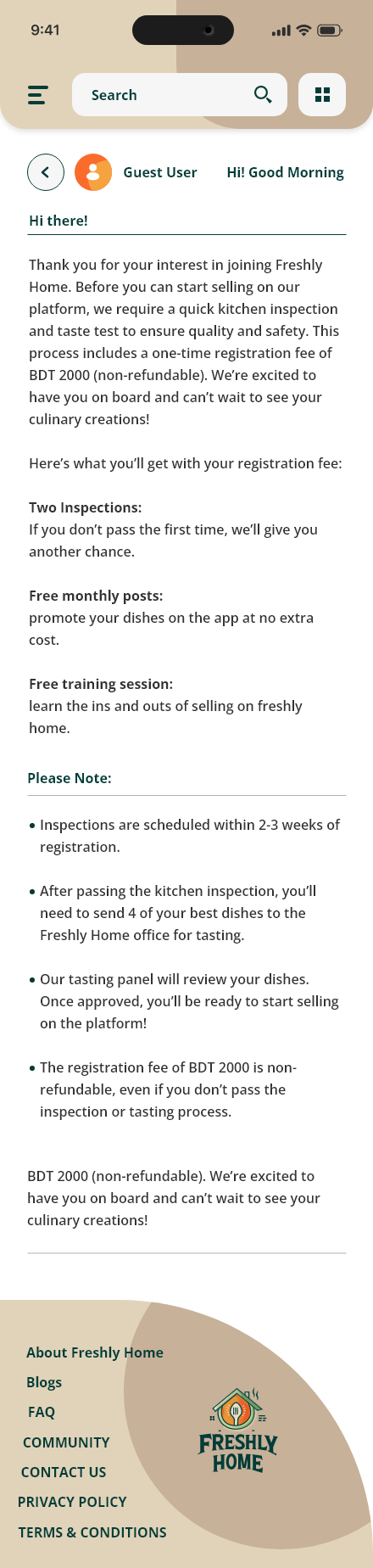 Freshly Home — Cook registration information app screen