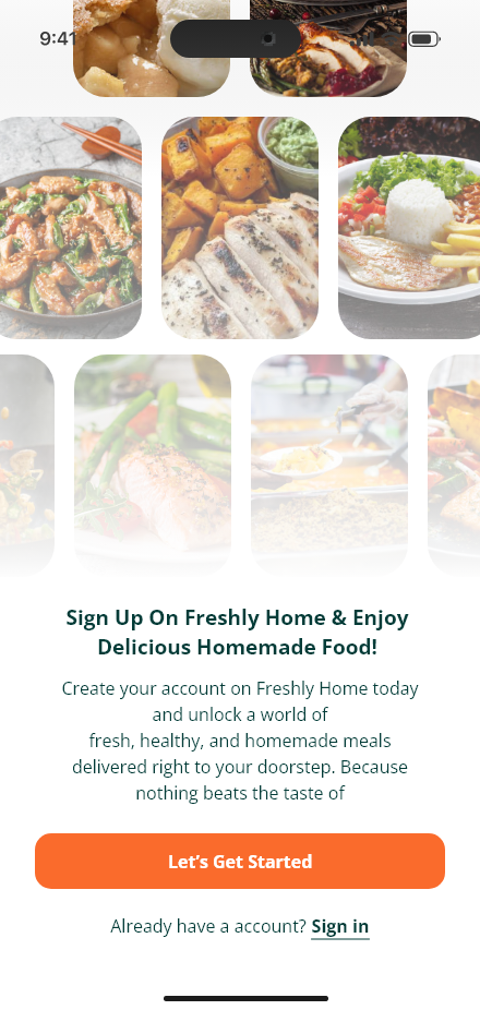 Freshly Home — Welcome & sign in app screen
