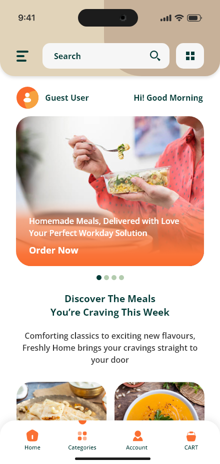 Freshly Home — Home & meal discovery app screen