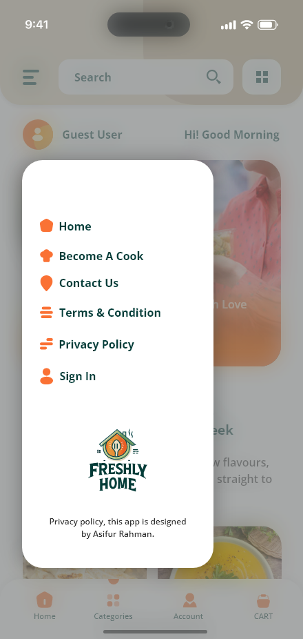 Freshly Home — Navigation menu app screen
