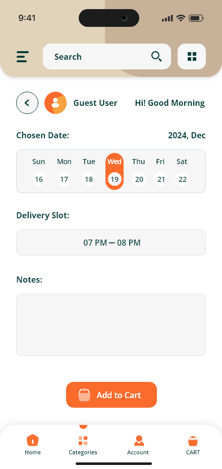 Freshly Home — Delivery & add to cart app screen