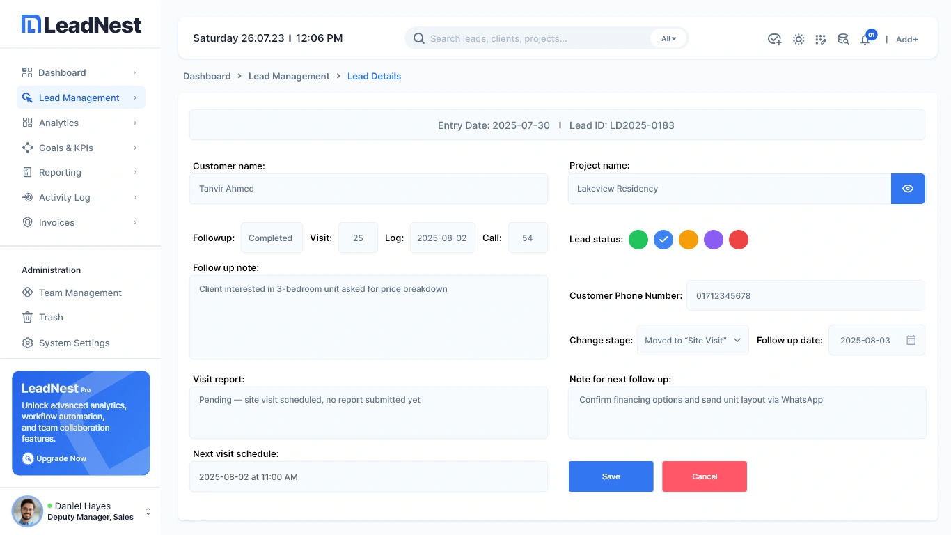 LeadNest — Lead details and follow-up