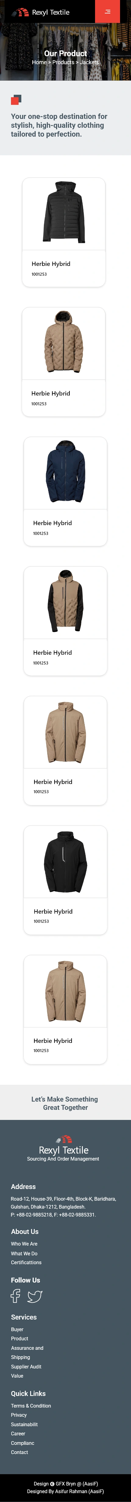 Rexyl Textile — Jackets collection, mobile website design