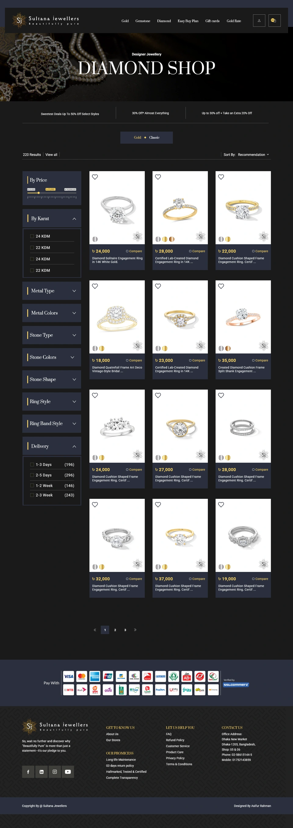 Sultana Jewellers — Product collection desktop website design