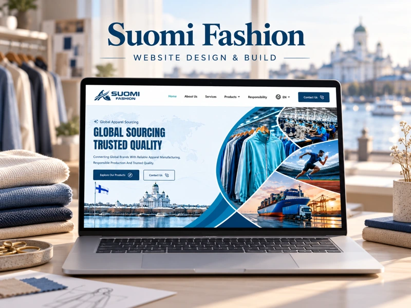 Suomi Fashion website displayed on a laptop in a project-inspired setting