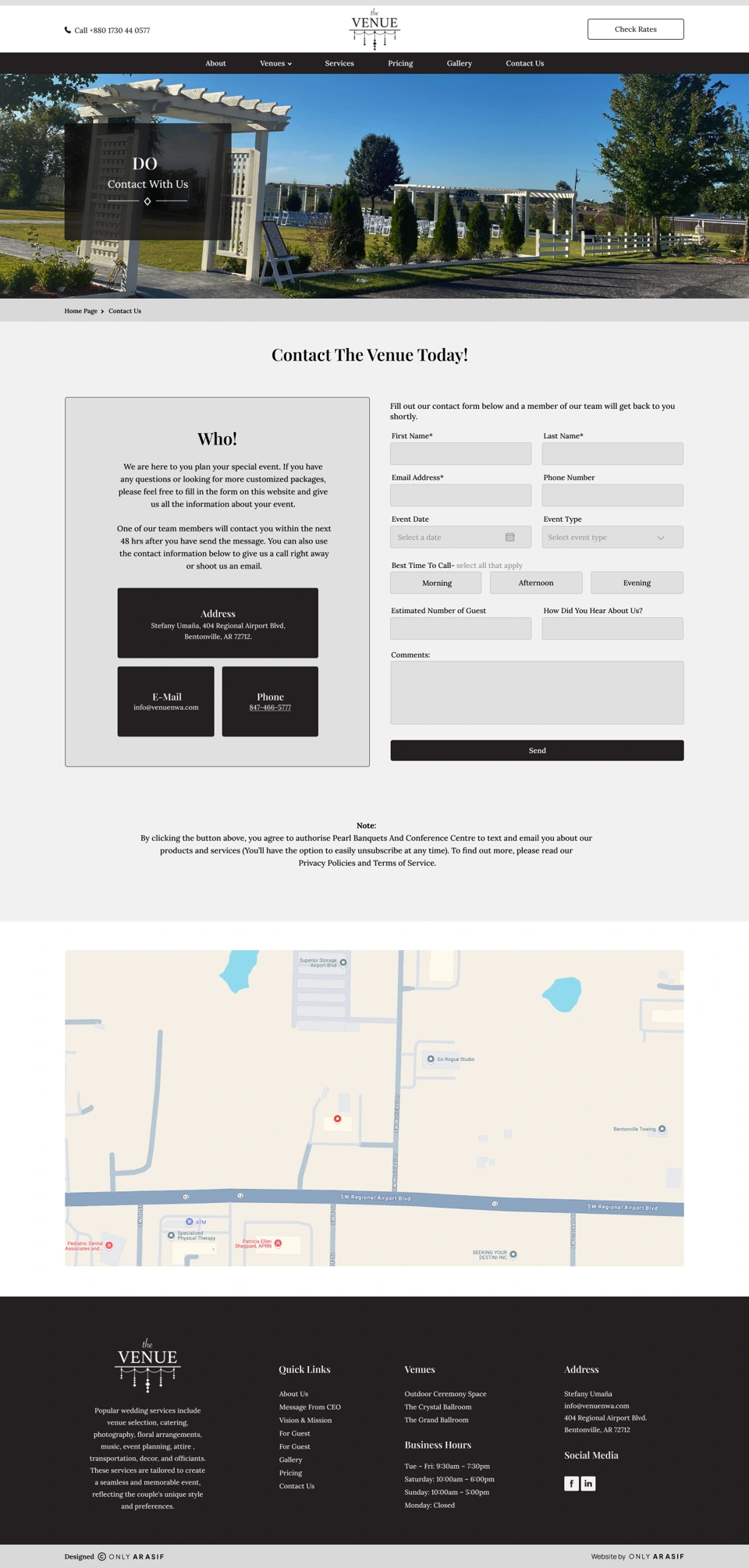 The Venue — Contact us desktop website design