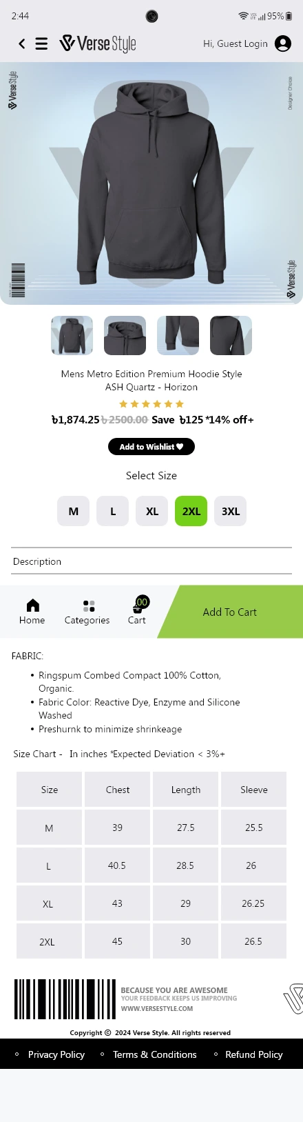 Verse Style — Product Detail To Cart app screen