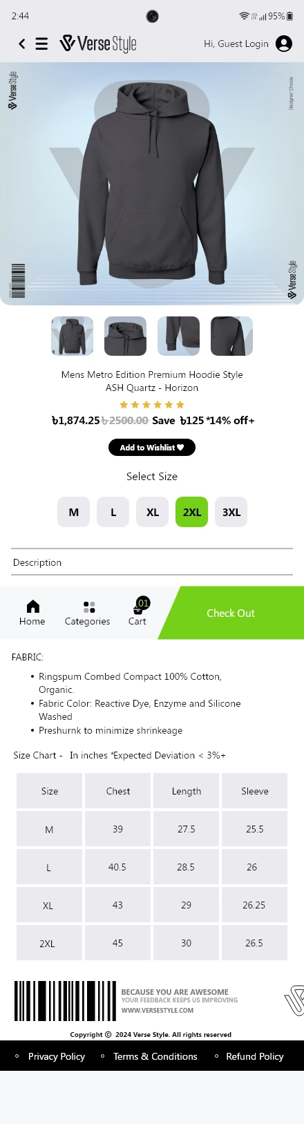Verse Style — Product Detail To Cart To Check Out app screen