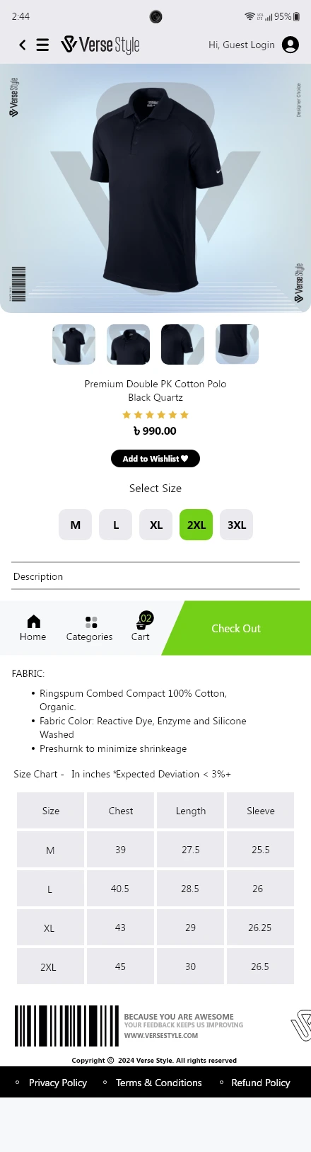 Verse Style — Polo Shirt Detail to Cart to Check Out / 1 app screen