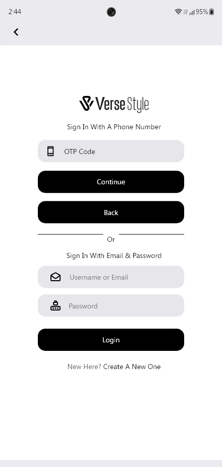 Verse Style — Account Login Phone OTP app screen