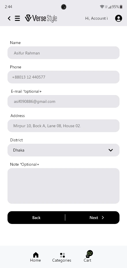 Verse Style — Account Detail to Next app screen